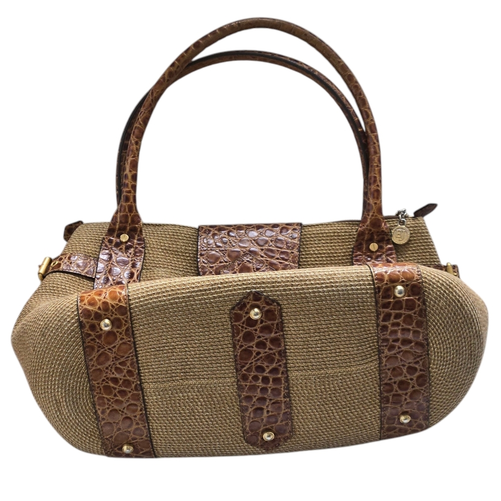 Eric Javits Woven Straw Croc Embossed Leather Trim Shoulder Bag Satchel - Picture 10 of 12
